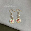 Gold Tone Lucky Enamel Tag Pearl Hook Drop Earrings view 3