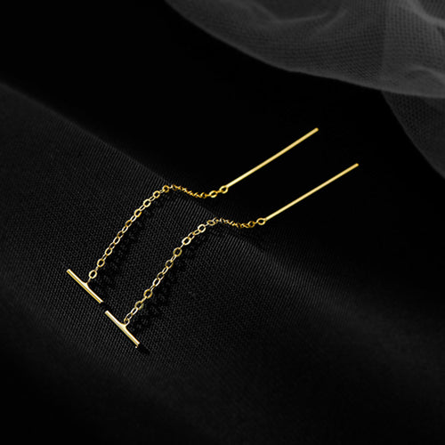 Gold Bar Chain Threader Earrings Polished Metal Jewelry modeled at the ear