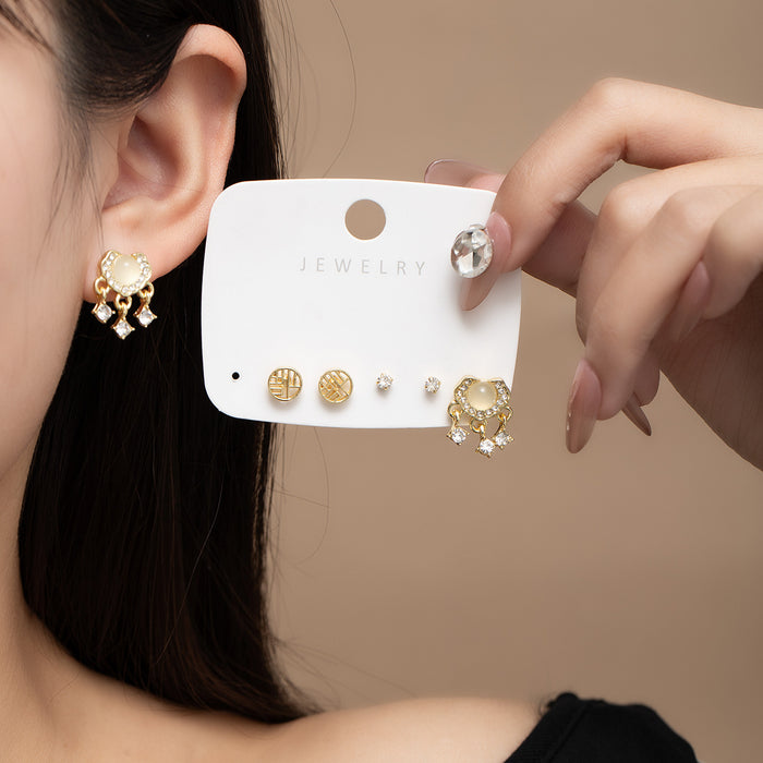 Gold Tone Lock and Blessing Multi Pair Stud Earring Card Set