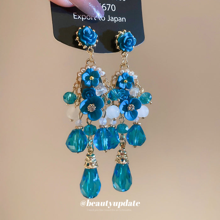 Blue Floral Crystal Teardrop Stud Earrings Jewelry Accessory