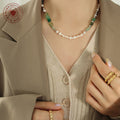 Silver Tone Pearl Green Stone Beaded Necklace Adjustable Chain view 3