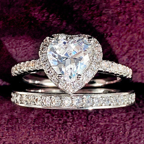 Heart Stone Two Band Ring Set in Silver Tone, alternate angle.
