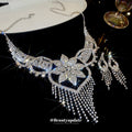 Silver Tone Floral Crystal Necklace Earring Set With Leaf Loops And Fringe view 4