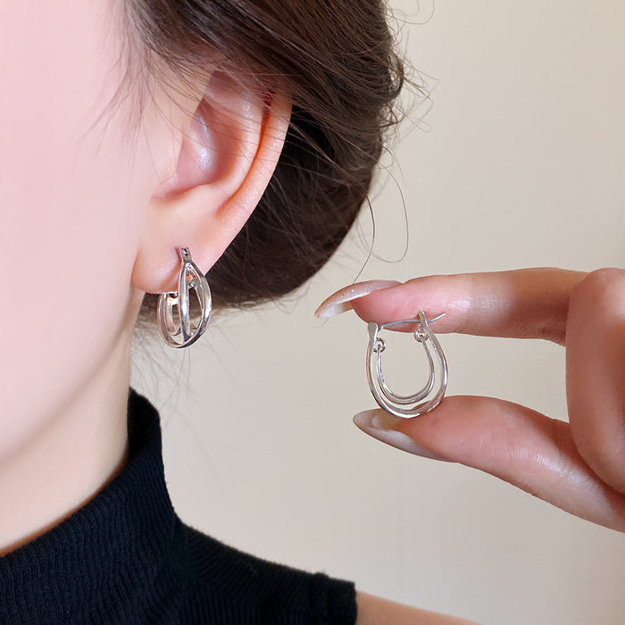 Silver Tone Double Loop Crossover Hoop Earrings Fashion Jewelry