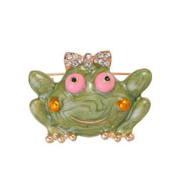 Green Frog Brooch Pin with Pink Eyes and Orange Cheek Accents