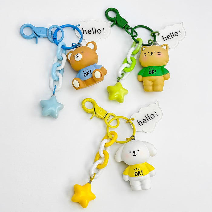 Cartoon Animal Figure Keychain With Star Charm And Speech Bubble Tag