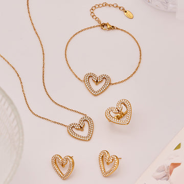 Gold Double Swan Open Heart Zircon Necklace Bracelet Earrings Ring