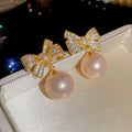 Gold Bow Pearl Drop Stud Earrings Fashion Jewelry Accessories view 6