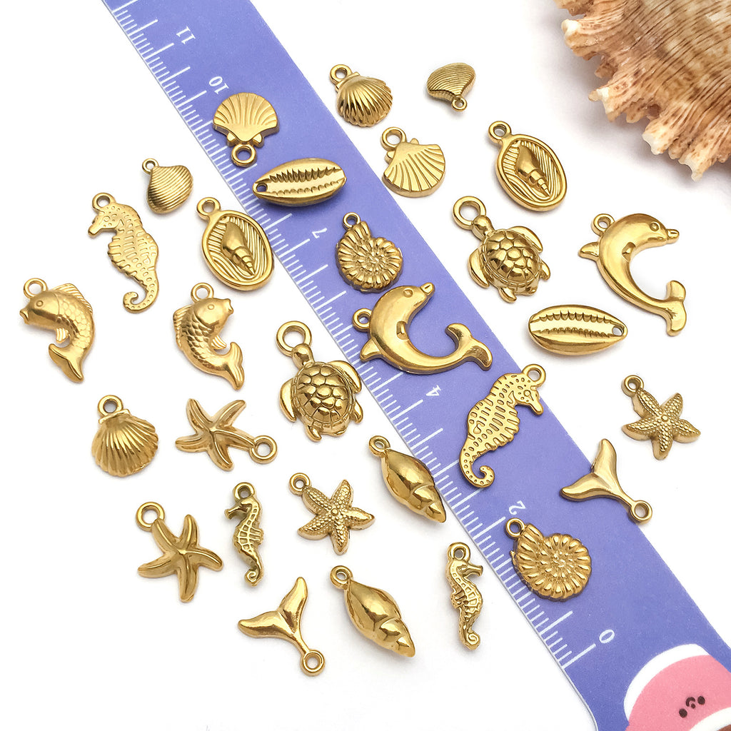 Gold Stainless Steel Mermaid Turtle Conch Dolphin Charm Pendant for DIY Ocean Jewelry