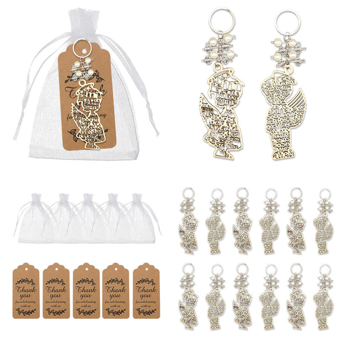 Wooden Guardian Angel Script Keychain Pearl Beads Metal Charm