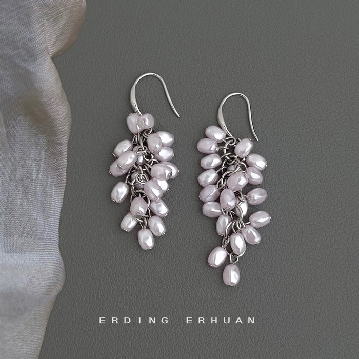 Silver Tone Pale Purple Pearl Cluster Long Hook Earrings