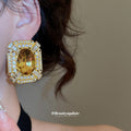 Yellow Faceted Stone Square Halo Statement Stud Earrings view 3