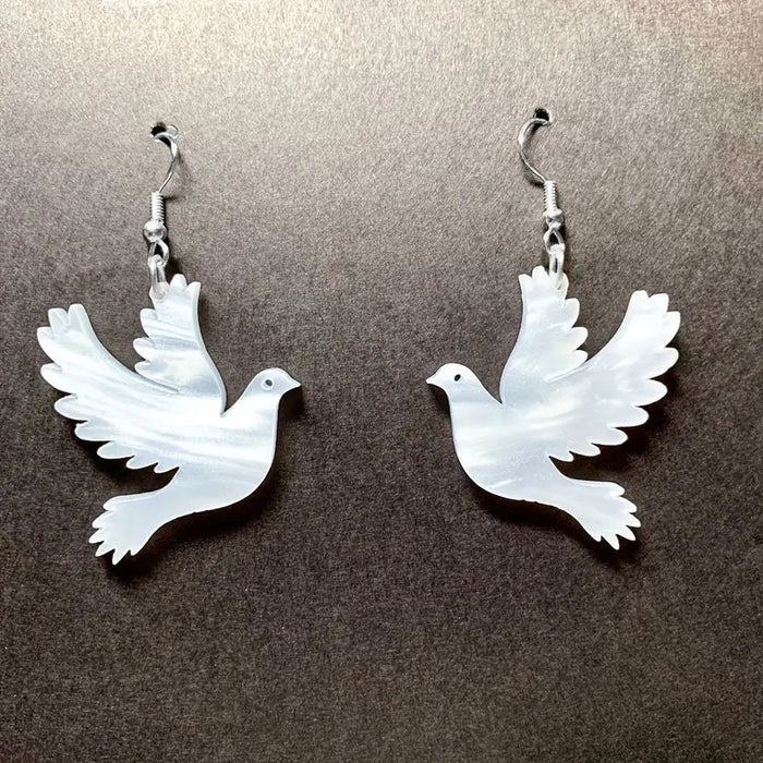Flying Dove Dangle Earrings, White Pearlescent Acrylic with Silver-Tone Hooks