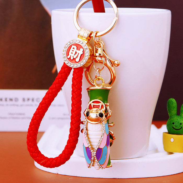 Cicada and Bamboo Keychains in Gold and Silver with Fortune and Clasp Free Loops