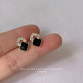 Gold Geometric Black Enamel Stud Earrings Pave Crystal Arc view 2