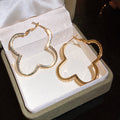 Gold Tone Crystal Clover Shaped Hoop Statement Earrings view 6