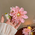 Pink Fabric Dahlia Duckbill Hair Clip with White Buds view 3