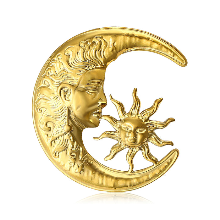 Crescent Moon And Sun Face Brooch In Gold And Silver Tones