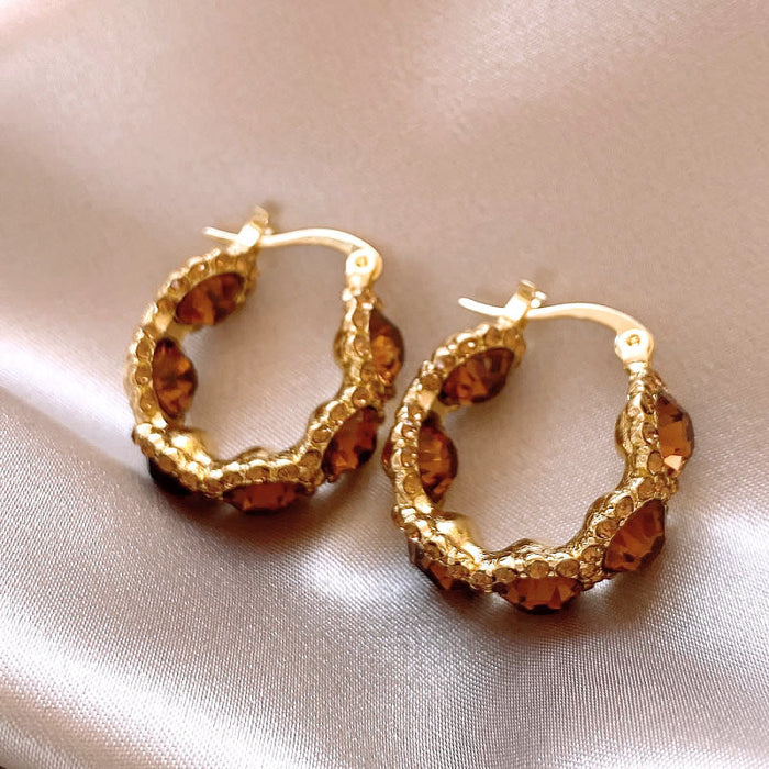 Gold Tone Textured Hoop Earrings with Amber Brown Crystals