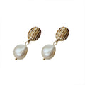 Gold Tone Ribbed Oval Stud Baroque Pearl Drop Earrings view 5
