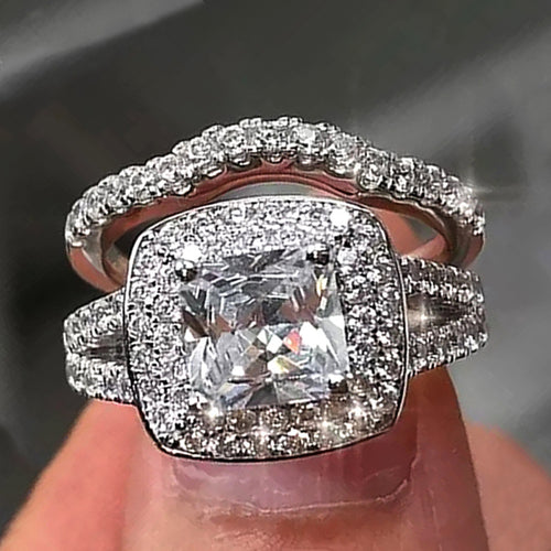 Square Halo Stone Two Tone Pavé Three Piece Ring Set shown in alternate angle