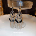 Antique Silver Tone Black Bead Chain Tassel Hook Earrings view 2
