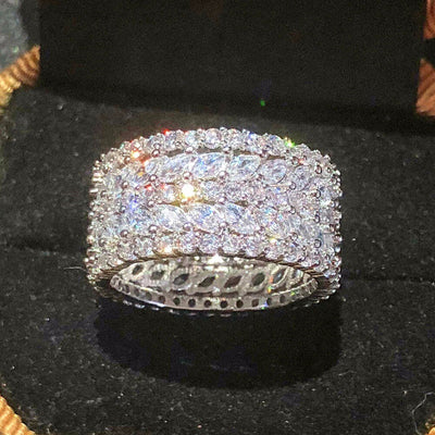 Silver full pavé floral leaf wide band CZ ring on black velvet