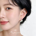 Silver Tone Clear Stone Crescent Pink Flower Green Leaf Stud Earrings view 2
