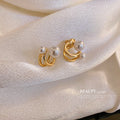 Gold C Shape Pearl Cluster Stud Statement Earrings view 2