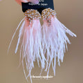 Pink and White Feather Crystal Tassel Stud Earrings view 2
