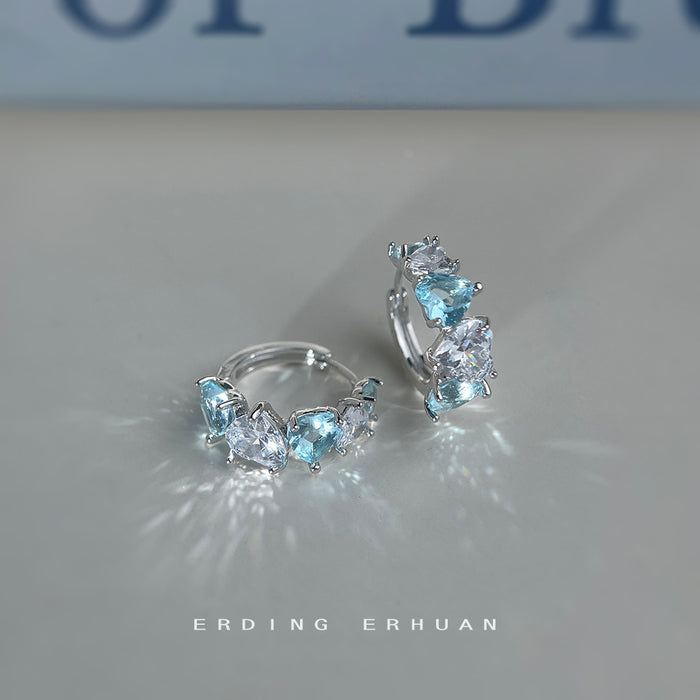 Silver Blue Clear Heart Crystal Huggie Hoop Earrings
