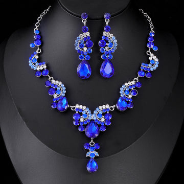 Floral Crystal Teardrop Necklace and Earring Sets in Four Colors