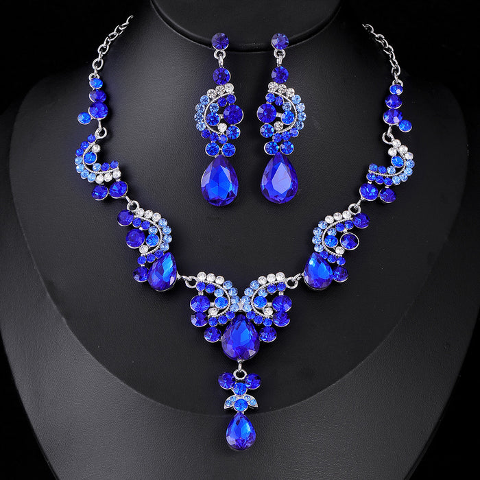 Black Silver Tone Blue Crystal Floral Teardrop Crystal Four Designs Metal Necklace and