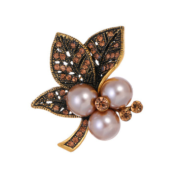 Red Gold Tone Leaf Crystal Pearl Look Metal Brooch Pin