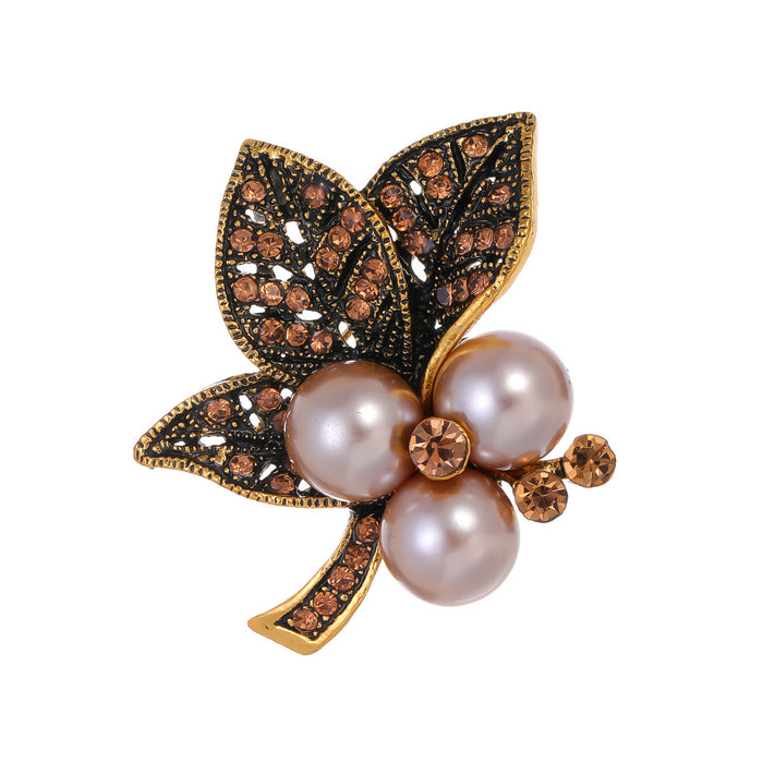 Red Gold Tone Leaf Crystal Pearl Look Metal Brooch Pin