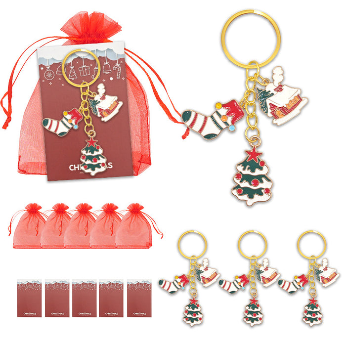 Gold Enamel Christmas Tree Stocking House Charm Keychain