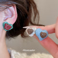 Fabric Heart Stud Earrings with Green Bear or Ivory Heart view 2