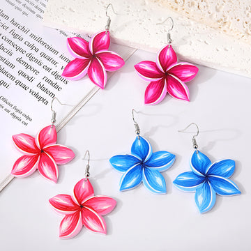 Silver Tone Plumeria Acrylic Hook Earrings in Three Colors