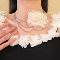 White Fabric Rose Layered Chain Statement Necklace view 3