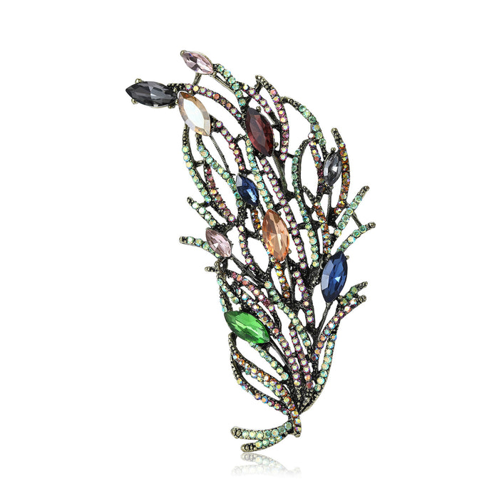 Multicolor Crystal Feather Brooch Pin with Dark Metal Frame