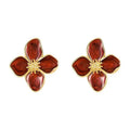 Burgundy Four Petal Flower Stud Earrings With Gold Tone Centers view 5