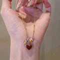 Red Heart Drop Gold Tone Necklace Statement Fashion Jewelry view 1