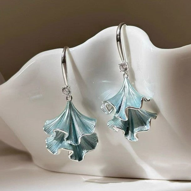 Translucent Blue Ginkgo Leaf Silver Tone Hook Earrings