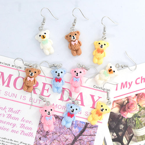 Main product view of miniature Flocked Bow Bear Hook Earrings in Four Colors