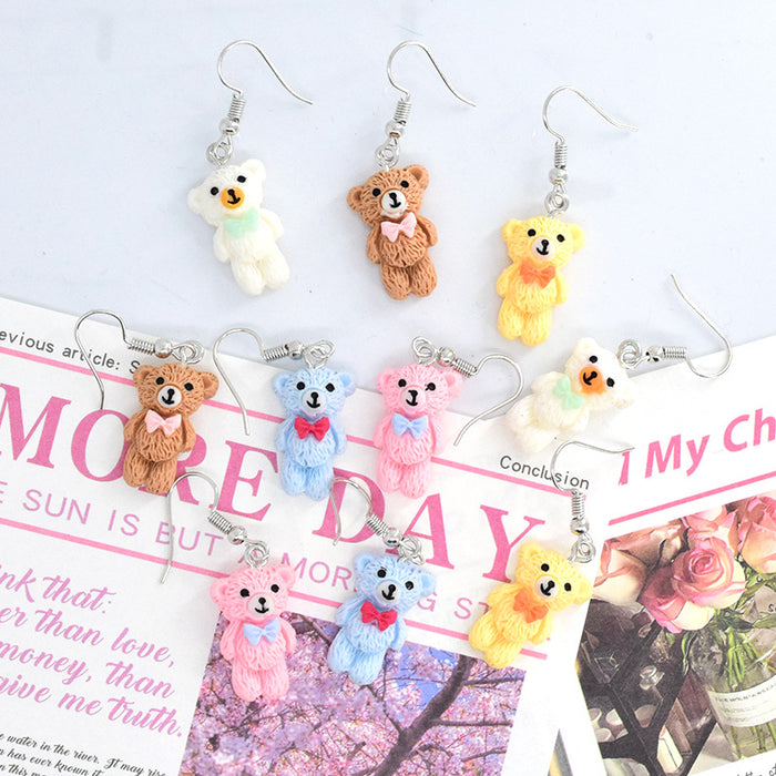 Miniature Flocked Bow Bear Hook Earrings in Four Colors