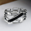 Black Bar Open Chain-Link Wide Ring In Polished Silver Tone view 5