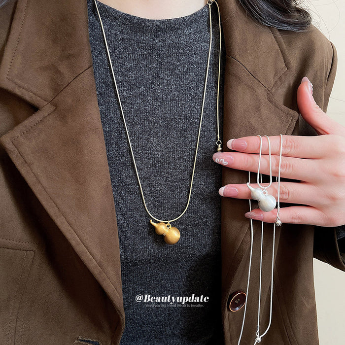 Gold Tone Brushed Gourd Pendant on Fine Chain Necklace