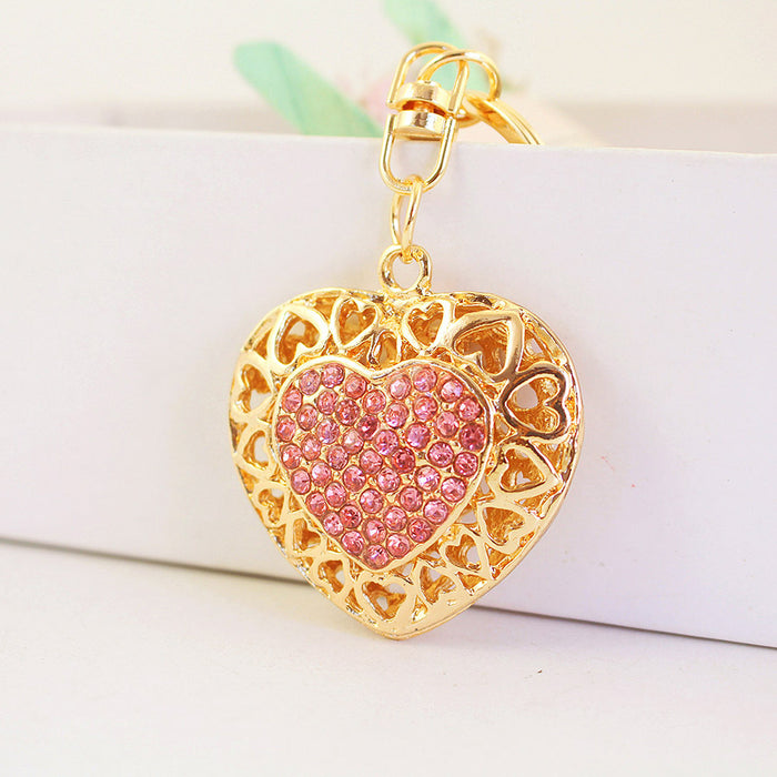 Couple Heart Rhinestone Keychain Zinc Alloy Love Bag Charm for Car Keys