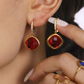 Gold Hoop Drop Earrings Cushion Czech Glass Pave Hoops view 2
