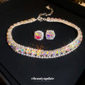 Silver Tone Iridescent Square Crystal Choker And Stud Earring Set view 3